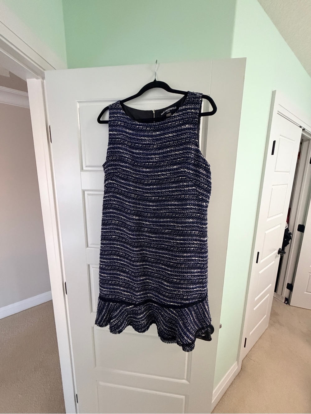 Karl Lagerfeld Navy and White Sleeveless Textured Ruffle-Hem Dress